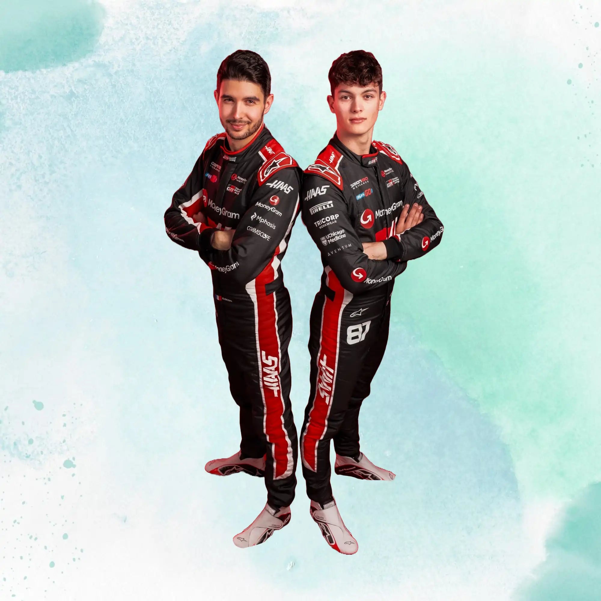 New 2025 Esteban Ocon & Oliver Bearman MoneyGram Haas F1 Team Replica Racing Suit